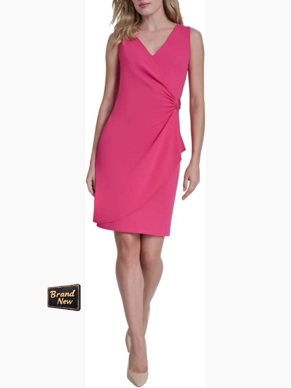 Sleeveless V-Neck Ruched Faux Wrap Dress with Metal Buckle Detail
